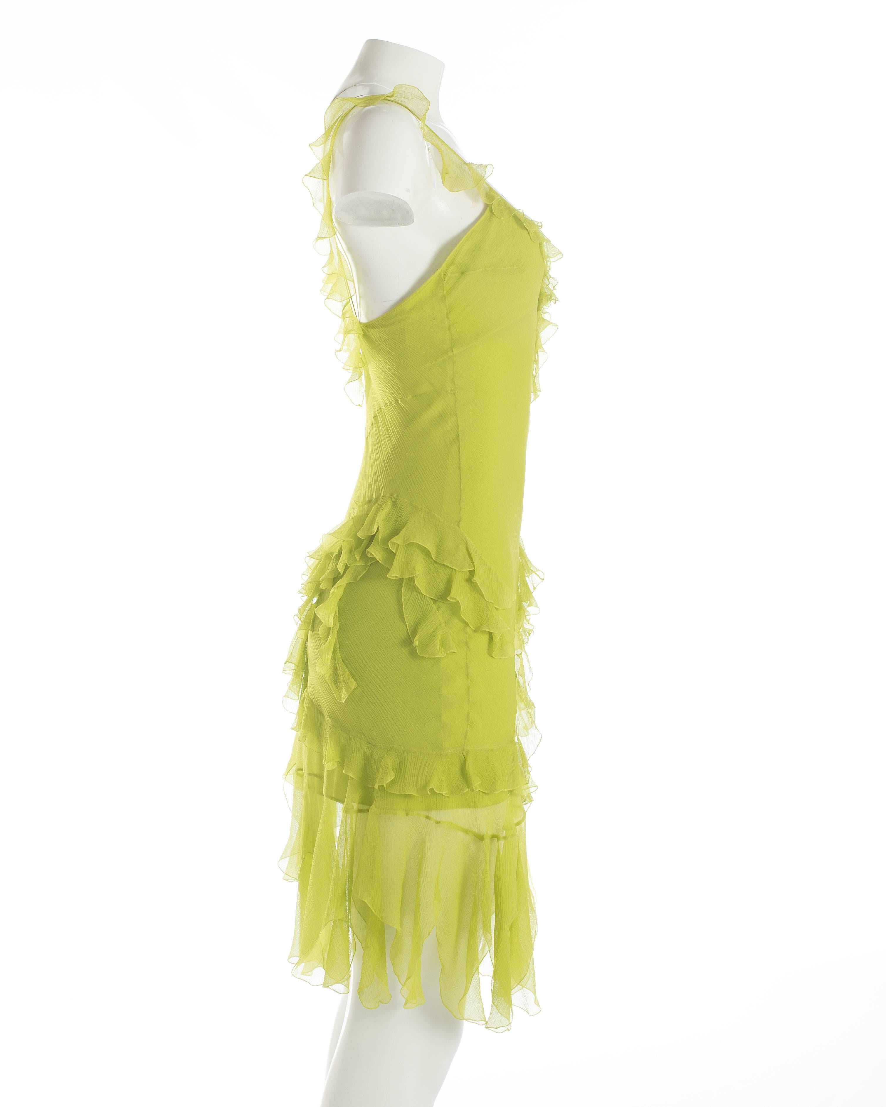 Christian Dior neon green silk chiffon ruffled mini dress, S / S 2005 In Excellent Condition In London, GB