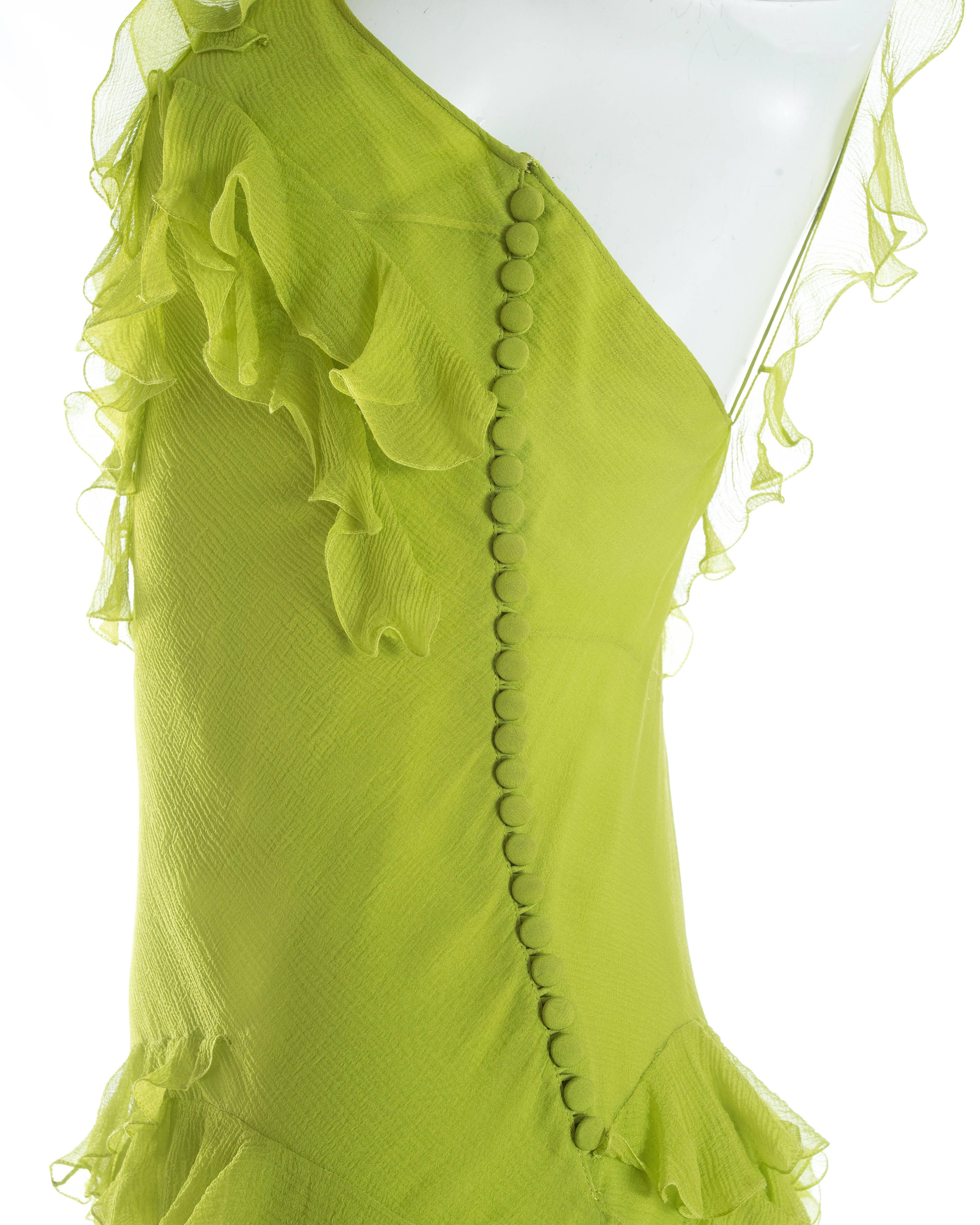 Women's Christian Dior neon green silk chiffon ruffled mini dress, S / S 2005