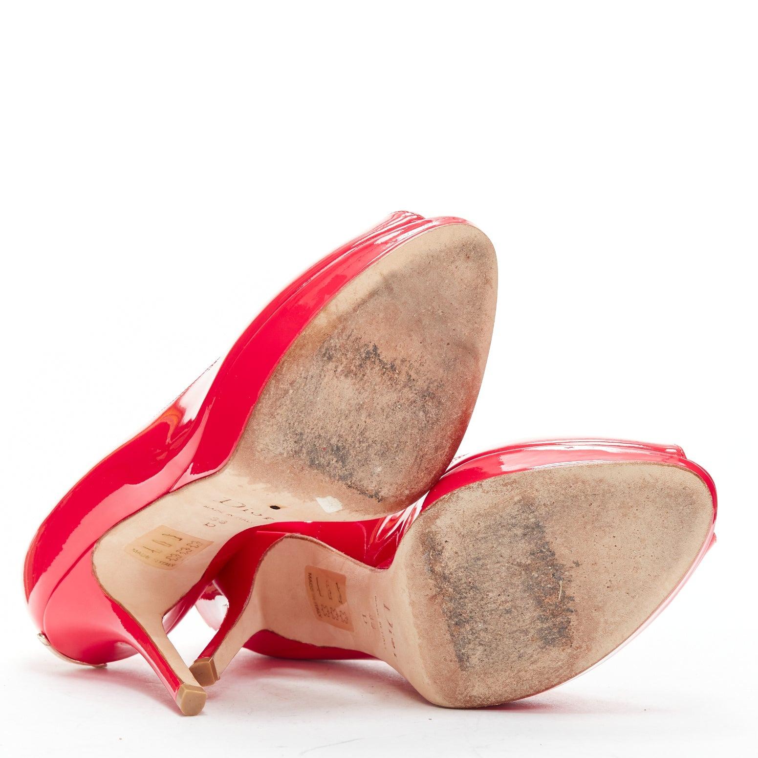 CHRISTIAN DIOR neon pink patent leather peep toe platform pumps EU38 For Sale 6