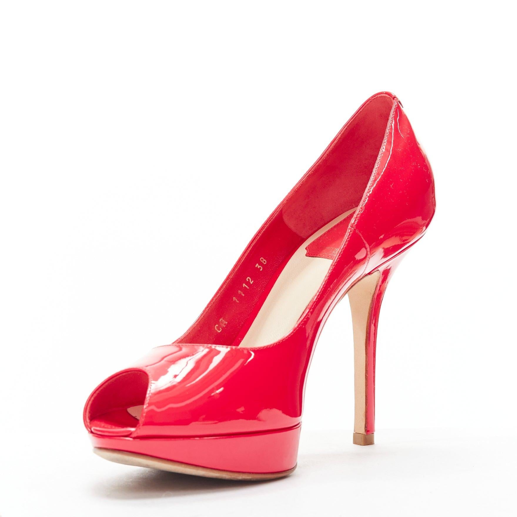 CHRISTIAN DIOR neon pink patent leather peep toe platform pumps EU38 In Excellent Condition For Sale In Hong Kong, NT