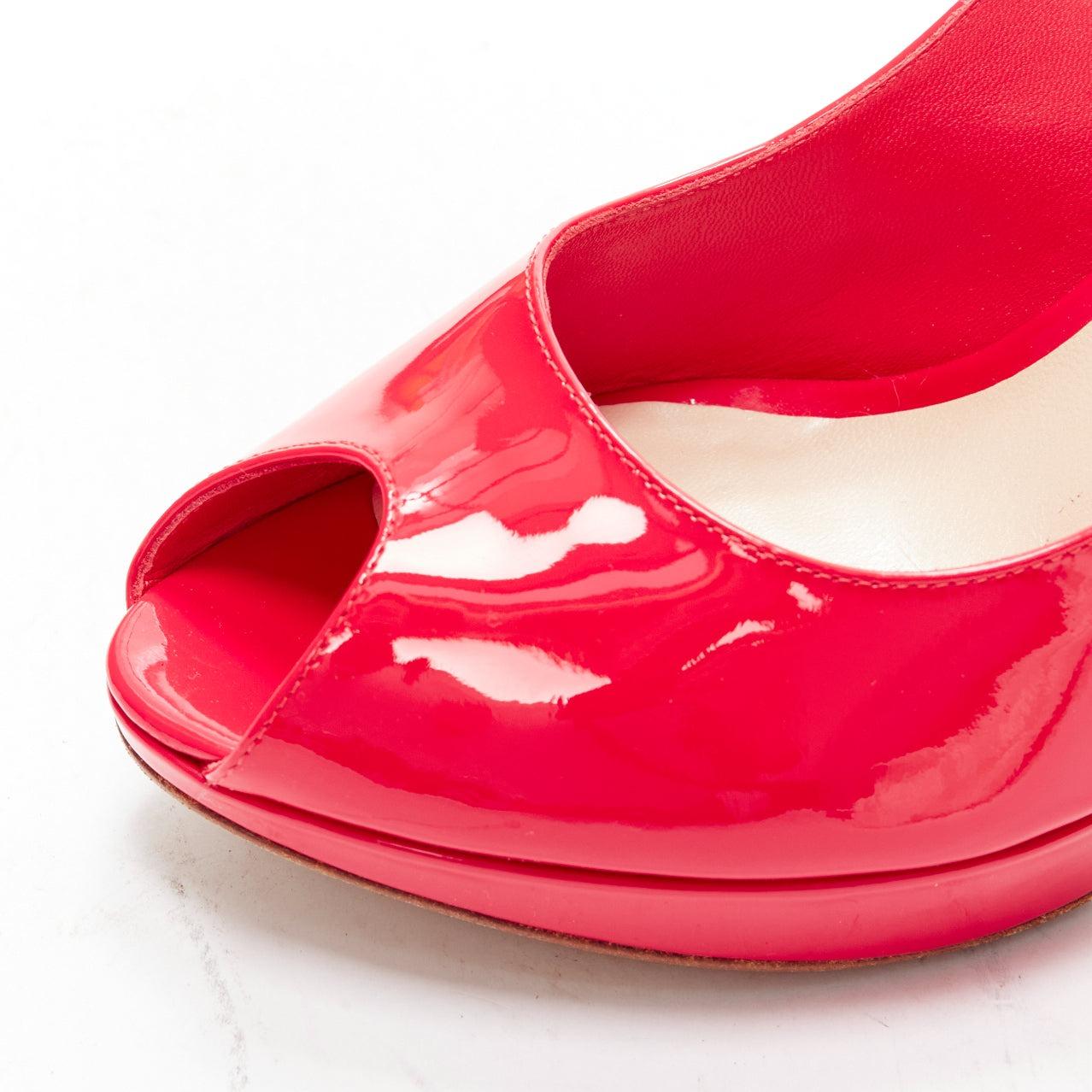 CHRISTIAN DIOR neon pink patent leather peep toe platform pumps EU38 For Sale 2
