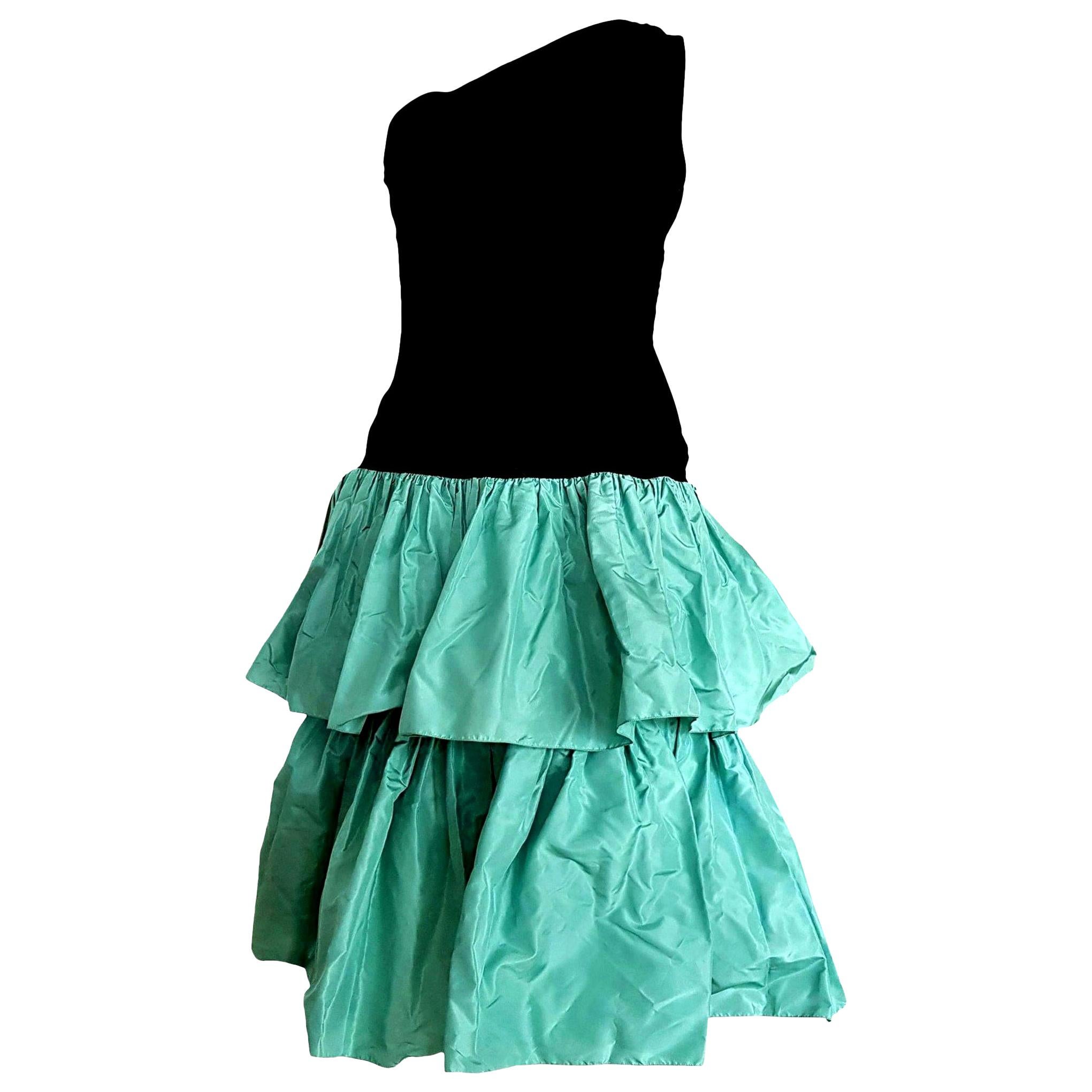Christian DIOR "New" Black Velvet Silk one Shoulder Top Flounced Skirt - Unworn For Sale