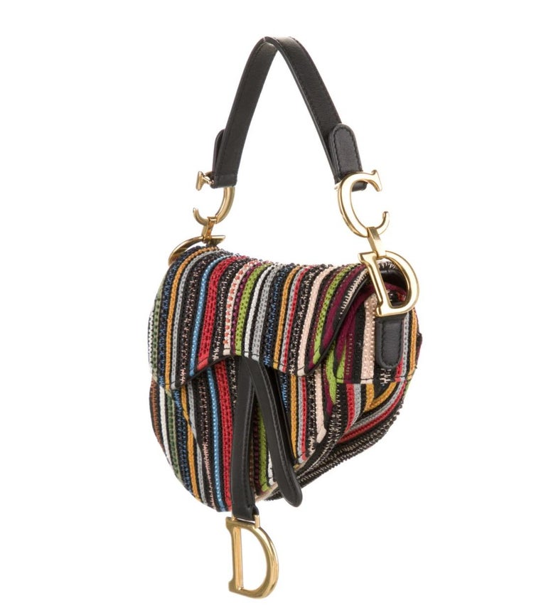 Black Christian Dior NEW Canvas Multi Stripe Bead Mini Logo Saddle Shoulder Handle Bag