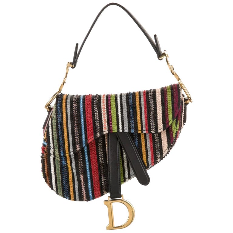 Christian Dior NEW Canvas Multi Stripe Bead Mini Logo Saddle Shoulder Handle Bag