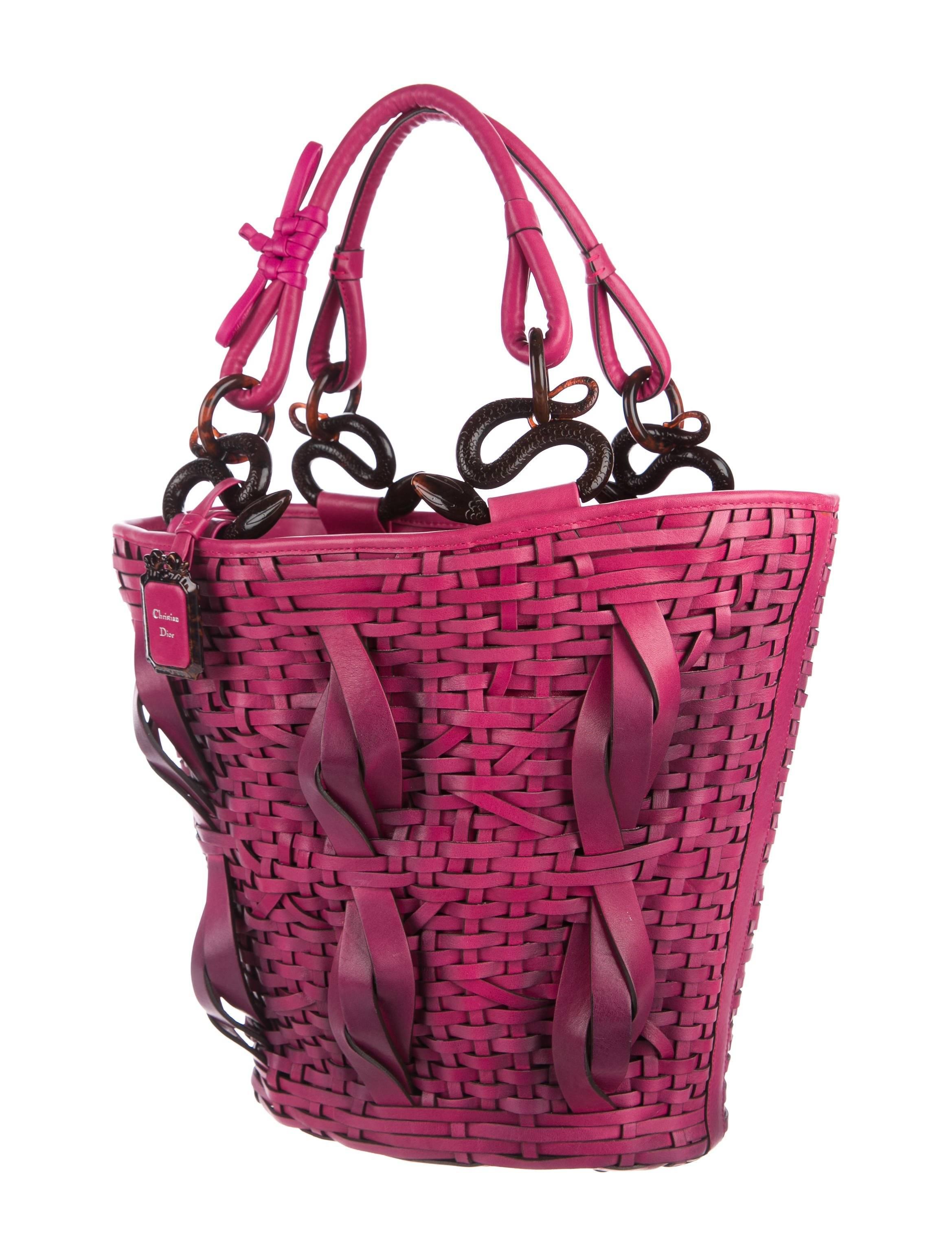 Pink Christian Dior NEW Fuchsia Basket Weave Leather Top Handle Satchel Hand Bag