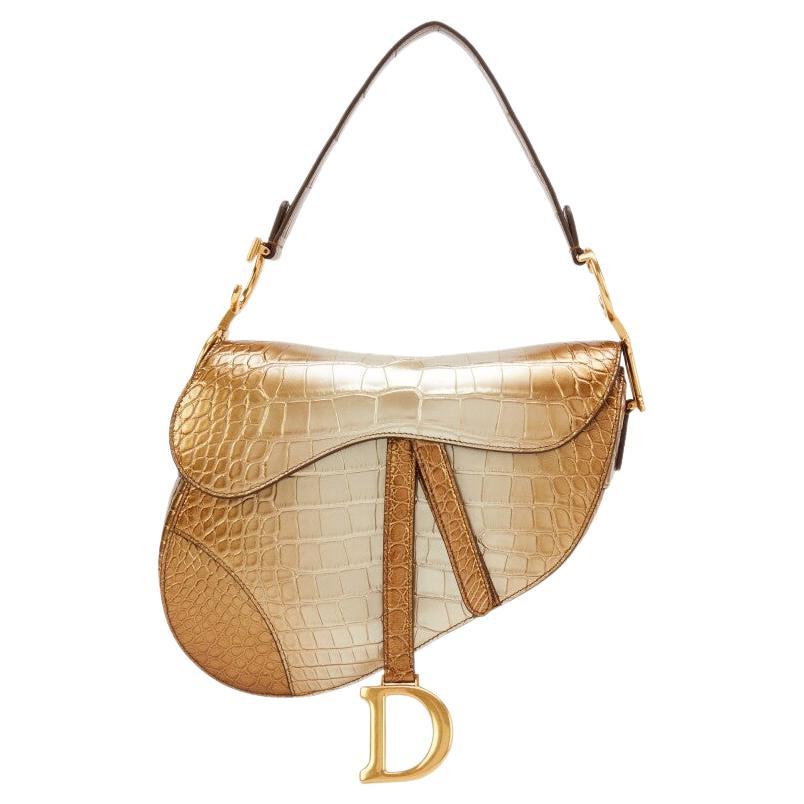 Christian Dior NEW Ivory Bronze Gold Shiny Alligator Exotic Medium Saddle Bag 