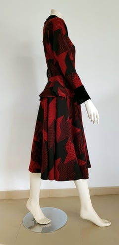 Christian DIOR "New" Red Black with Velvet Cuffs Collar Belt Wool Dress- Unworn
