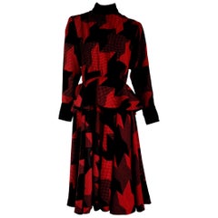 Christian DIOR "New" Red Black with Velvet Cuffs Collar Belt Wool Dress- Unworn