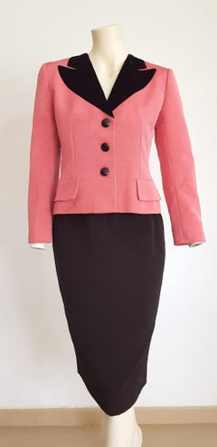 Christian DIOR "New" Silk Pink Jacket Black Skirt Black Velvet Collar - Unworn