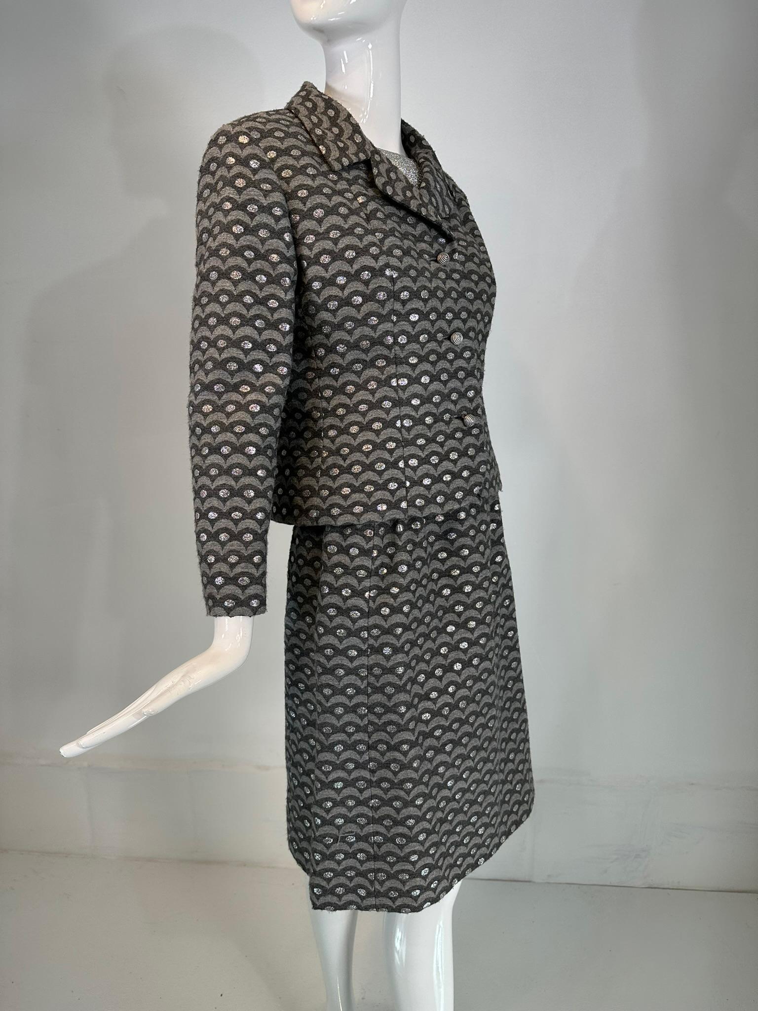 Christian Dior New York 1960, abito con gonna in lana metallizzata grigia e argentata in vendita 6