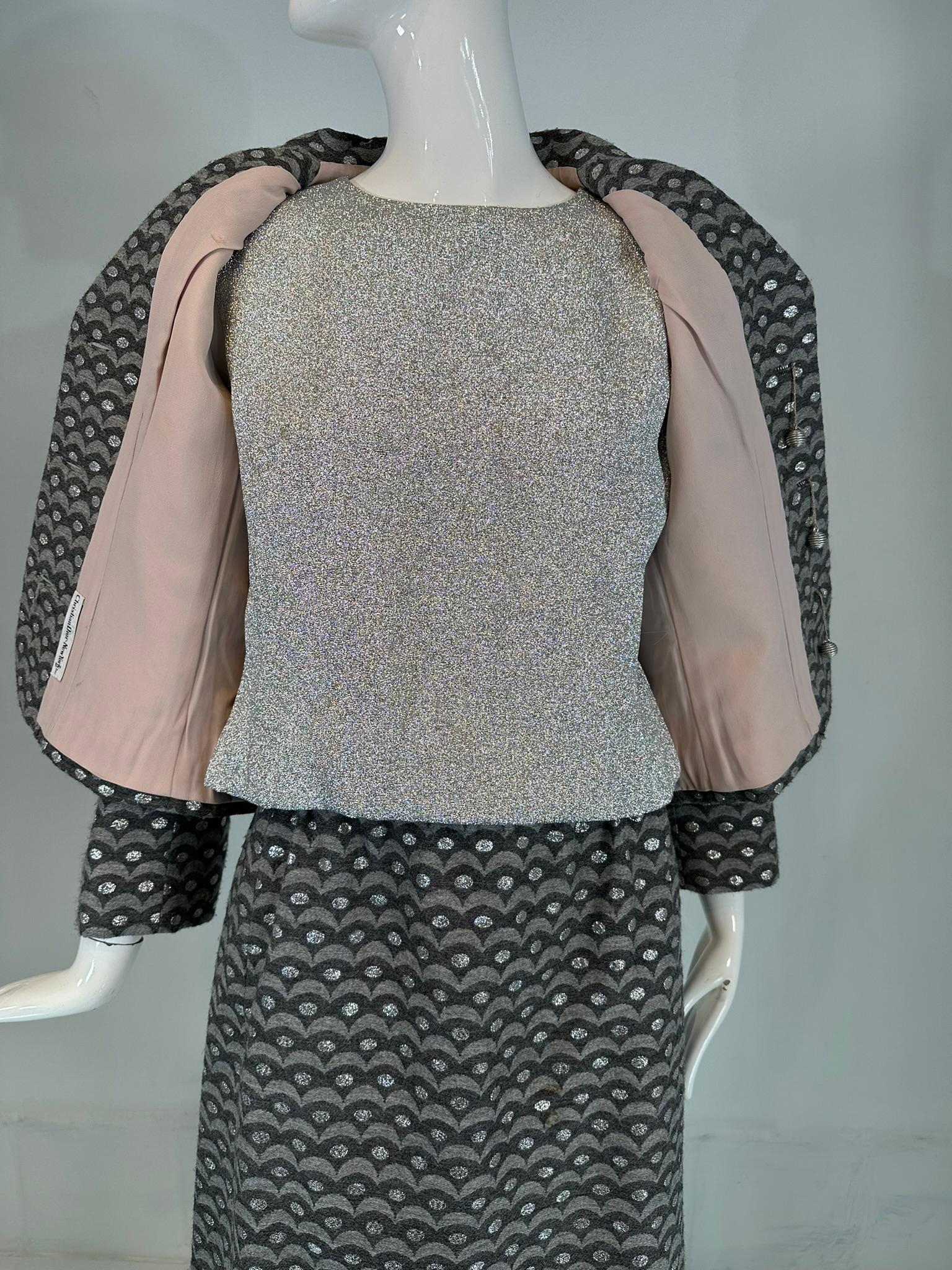 Christian Dior New York 1960, abito con gonna in lana metallizzata grigia e argentata in vendita 7
