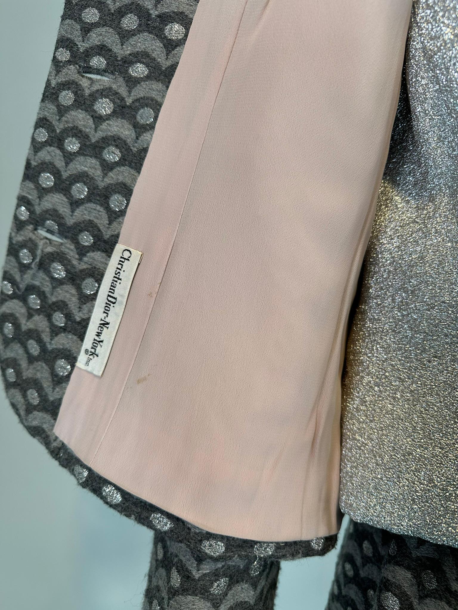 Christian Dior New York 1960, abito con gonna in lana metallizzata grigia e argentata in vendita 8