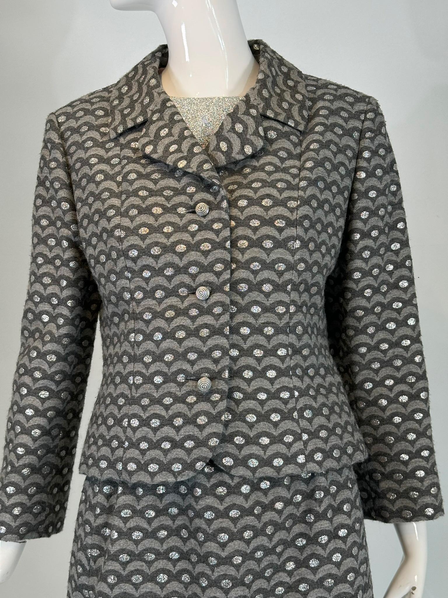Christian Dior New York 1960, abito con gonna in lana metallizzata grigia e argentata in vendita 9
