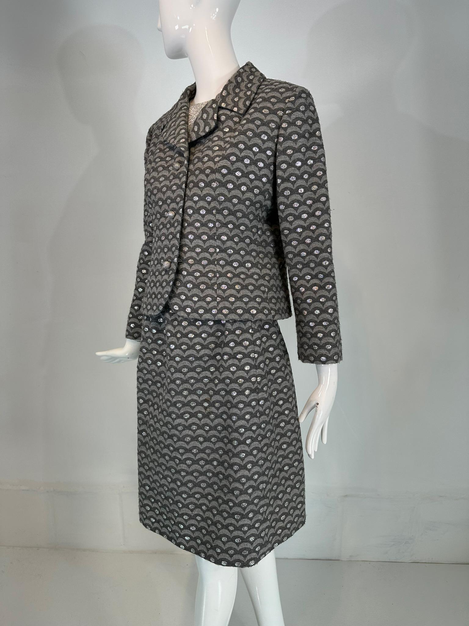 Argento Christian Dior New York 1960, abito con gonna in lana metallizzata grigia e argentata in vendita