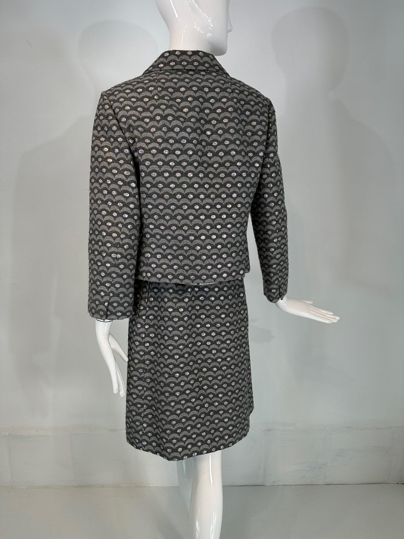 Christian Dior New York 1960, abito con gonna in lana metallizzata grigia e argentata in vendita 1