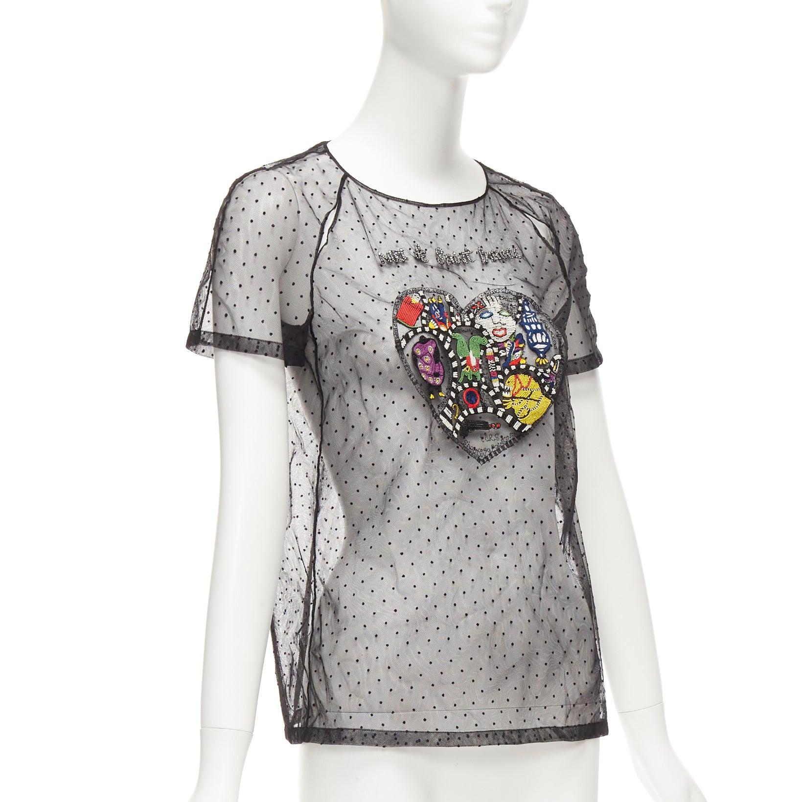 CHRISTIAN DIOR Niki de Saint Phalle black colourful beaded dot mesh sheer top In Excellent Condition For Sale In Hong Kong, NT