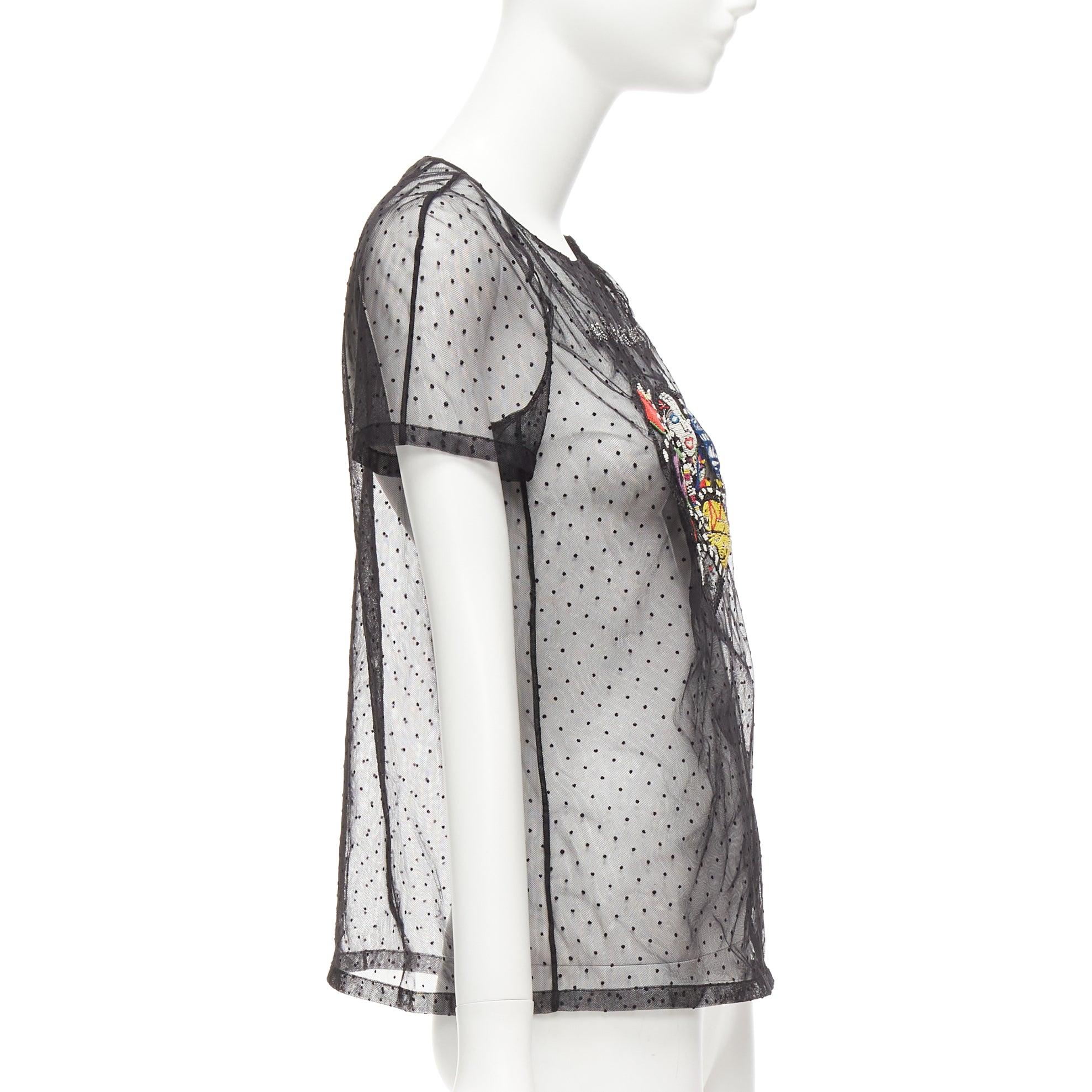 Women's CHRISTIAN DIOR Niki de Saint Phalle black colourful beaded dot mesh sheer top For Sale