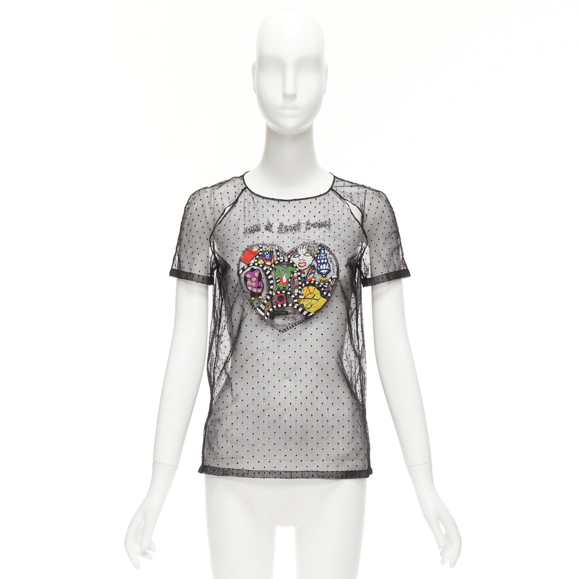 CHRISTIAN DIOR Niki de Saint Phalle black colourful beaded dot mesh sheer top For Sale 5