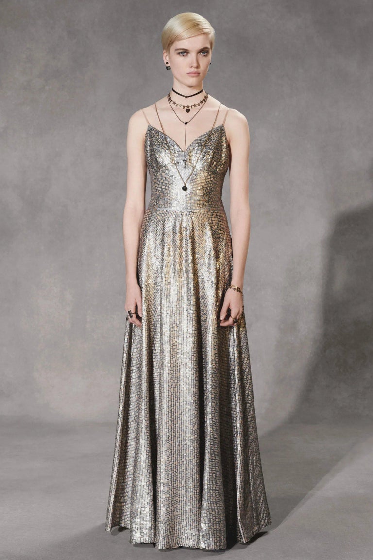CHRISTIAN DIOR nude & grey silk 2018 SEQUIN GOWN Maxi Dress 38 S