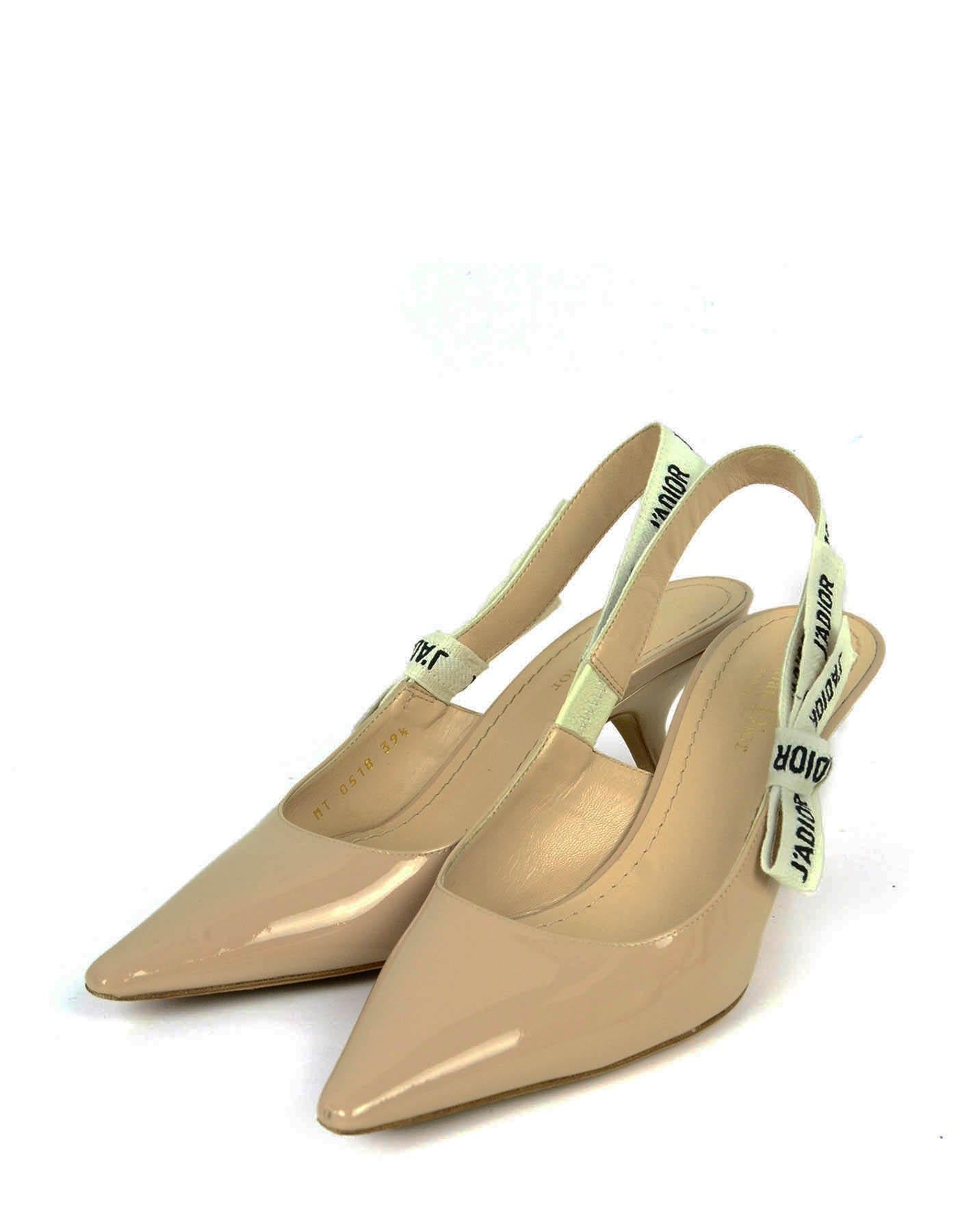Christian Dior Nude Patent Calfskin Leather J’ADIOR Slingback Pumps

Made In: Italy
Color: Nude
Materials: Patent leather, fabric ribbon
Closure/Opening: Slingback
Overall Condition: Excellent with the exception of light wear to sole, and small