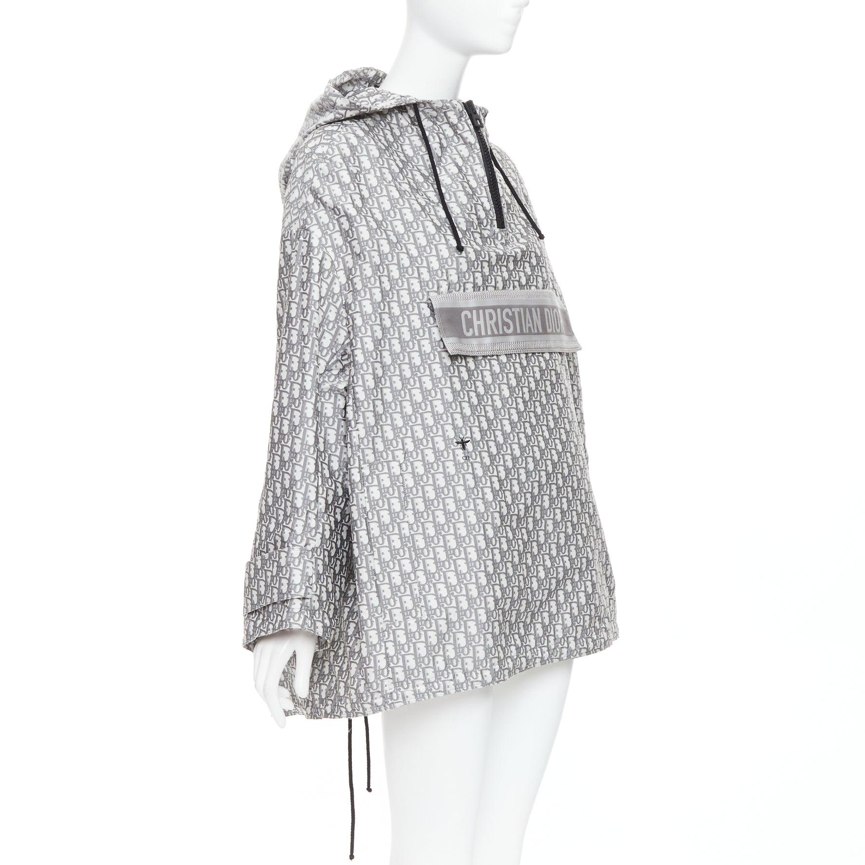 Gray CHRISTIAN DIOR Oblique grey white monogram technical taffeta hooded anorak XS For Sale
