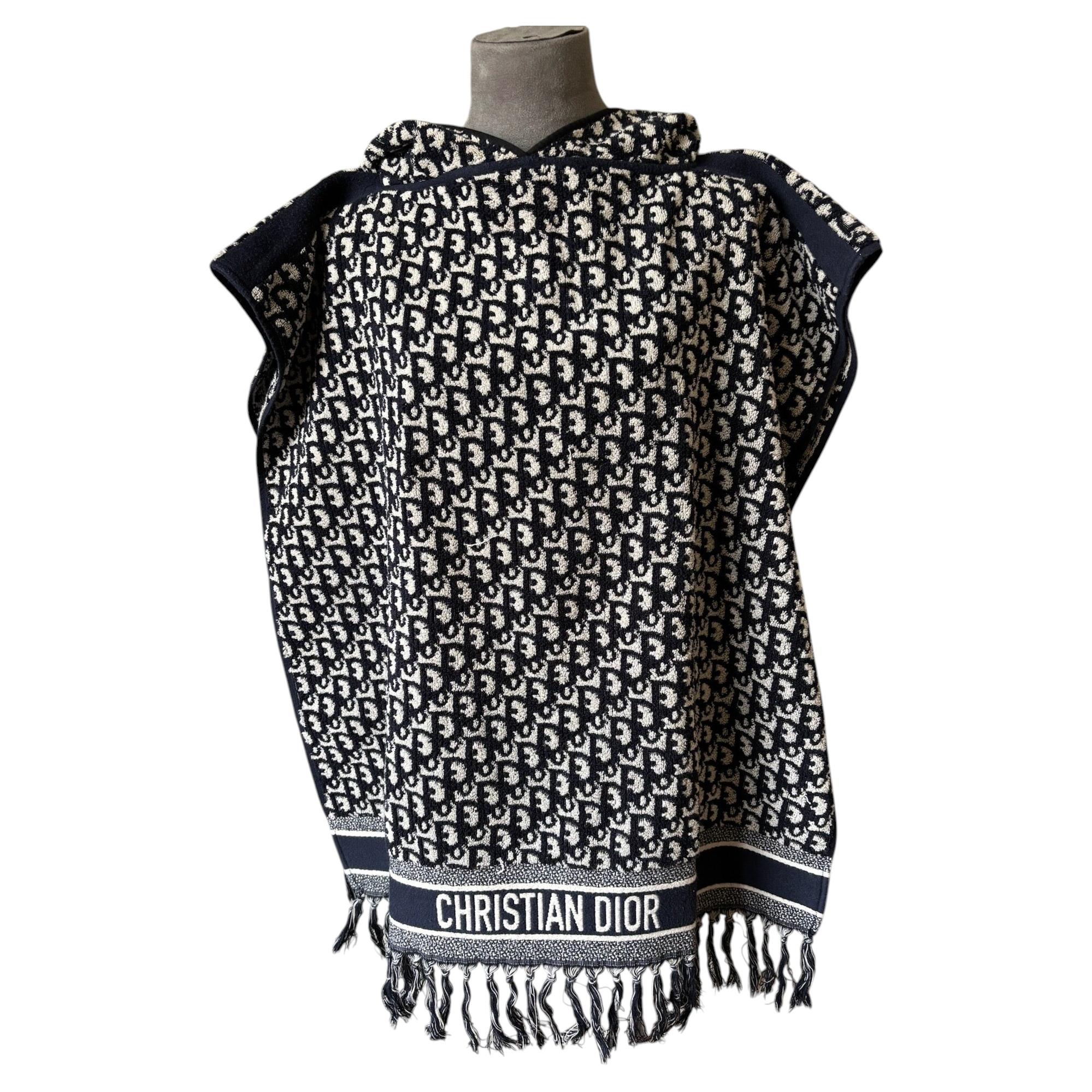 Christian Dior Oblique Hooded Terry Cotton Poncho – Blue & Ecru – One Size