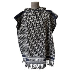 Christian Dior Oblique Hooded Terry Cotton Poncho – Blue & Ecru – One Size