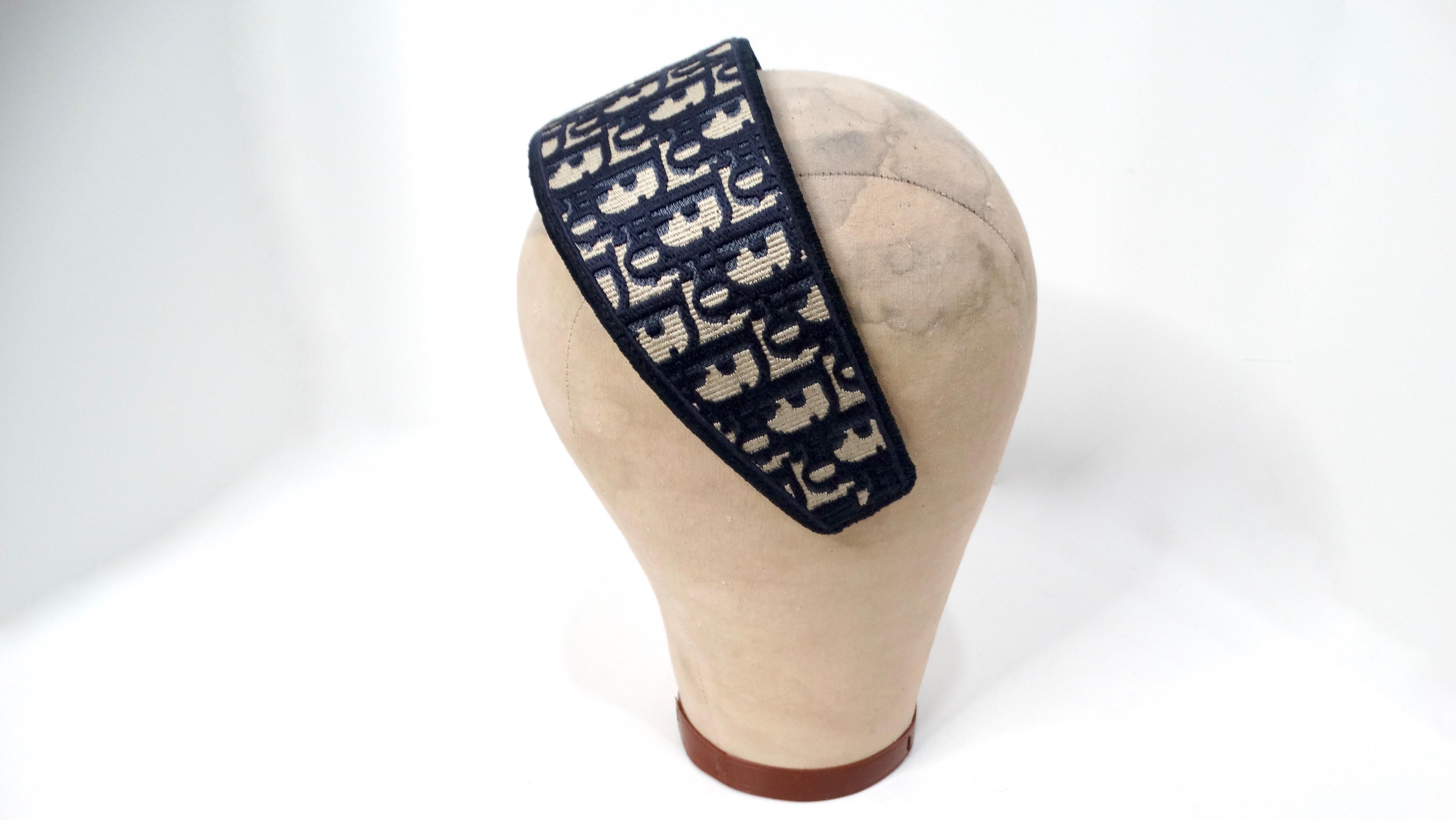 Beige Christian Dior Oblique Jacquard Navy Blue & Tan Wide Structured Headband For Sale