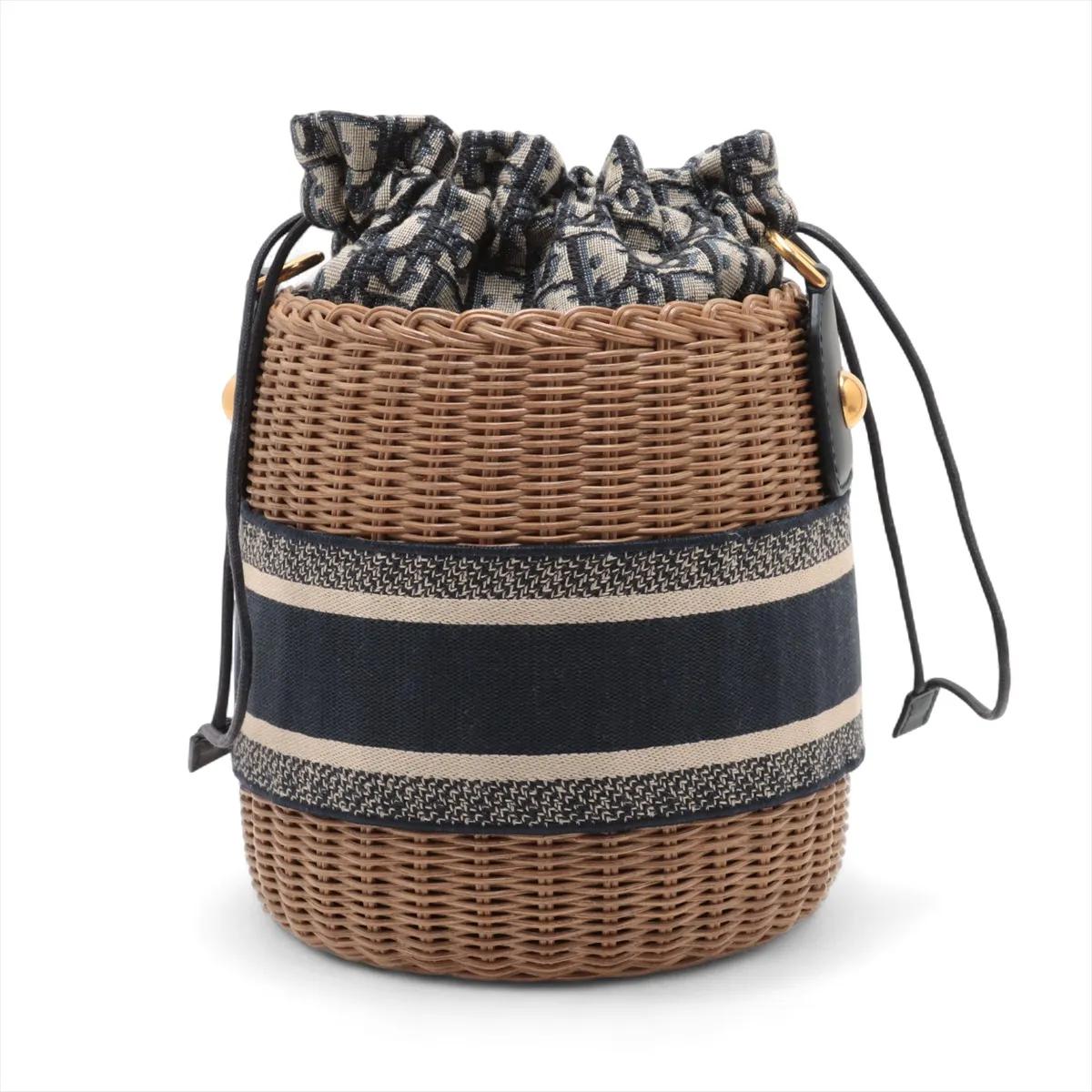 Noir *Christian Dior Oblique Rattan Canvas Bucket Shoulder Bag Beige x Navy Blue en vente