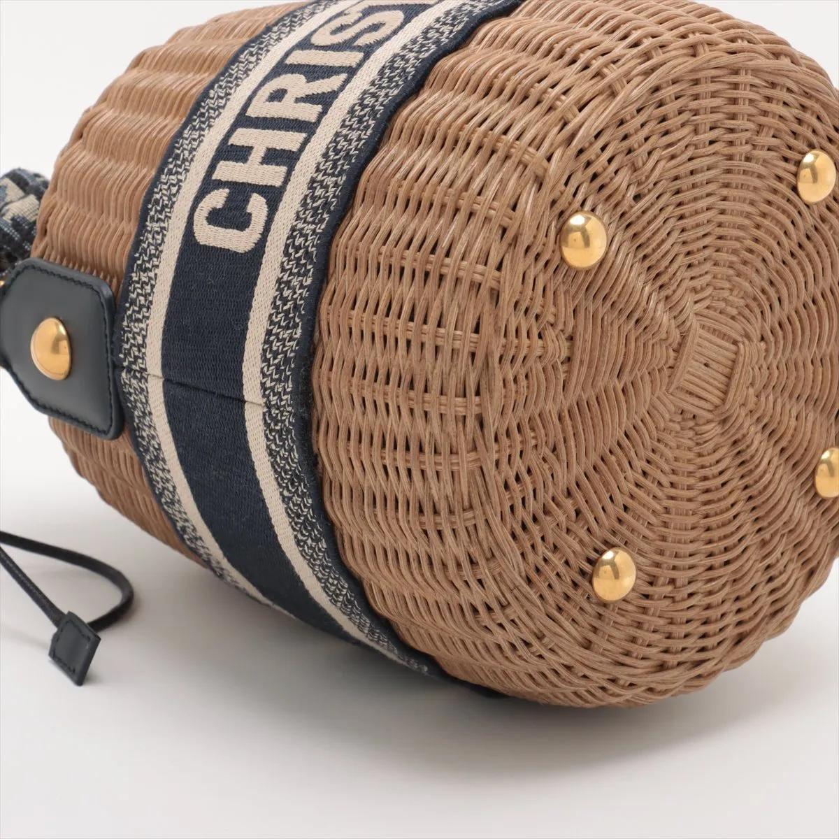 *Christian Dior Oblique Rattan Canvas Bucket Shoulder Bag Beige x Navy Blue Pour femmes en vente