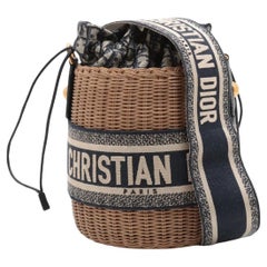 *Christian Dior Oblique Rattan Canvas Bucket Shoulder Bag Beige x Navy Blue