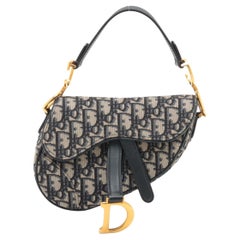 Christian Dior Oblique Saddle Canvas Leather Handbag Navy Blue