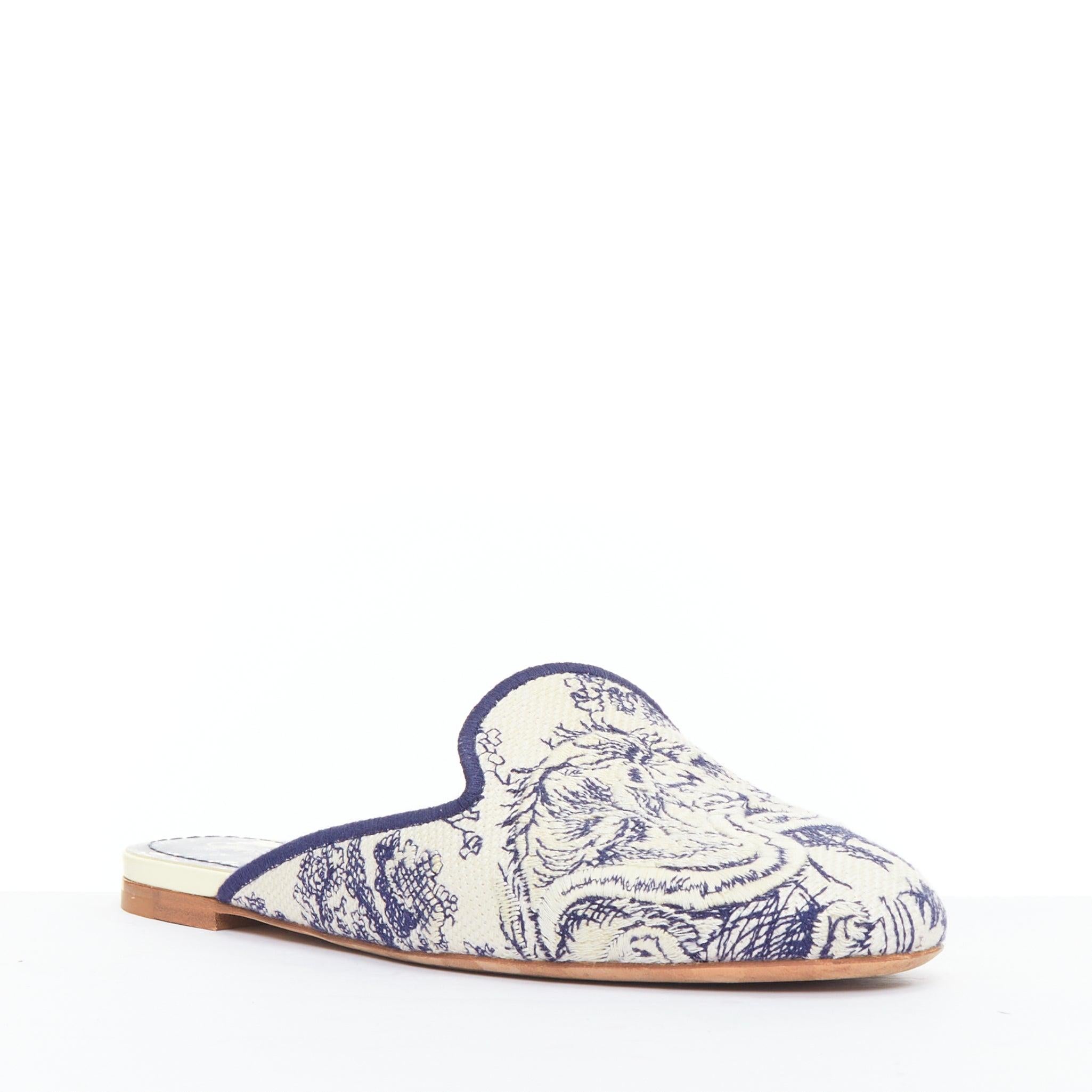 Beige CHRISTIAN DIOR Off navy Toile de Jouy print canvas mule flats EU38 For Sale