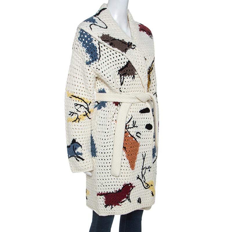 Women's Christian Dior Off White Abstract Knit Chunky Belted Cardigan S