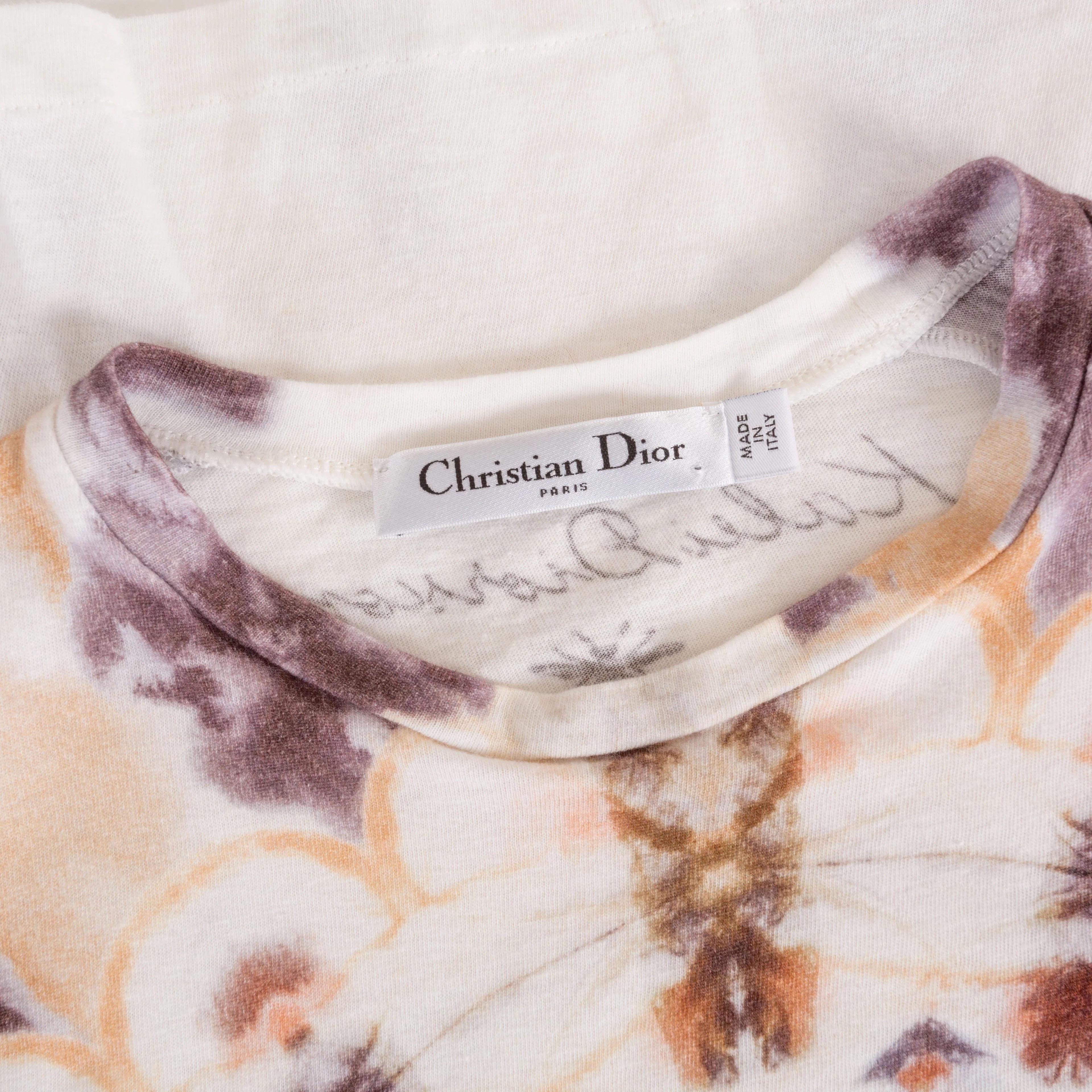 Christian Dior Off White Cotton-Linen Kaleidiorscopic Tie-Dye Print T-Shirt For Sale 3