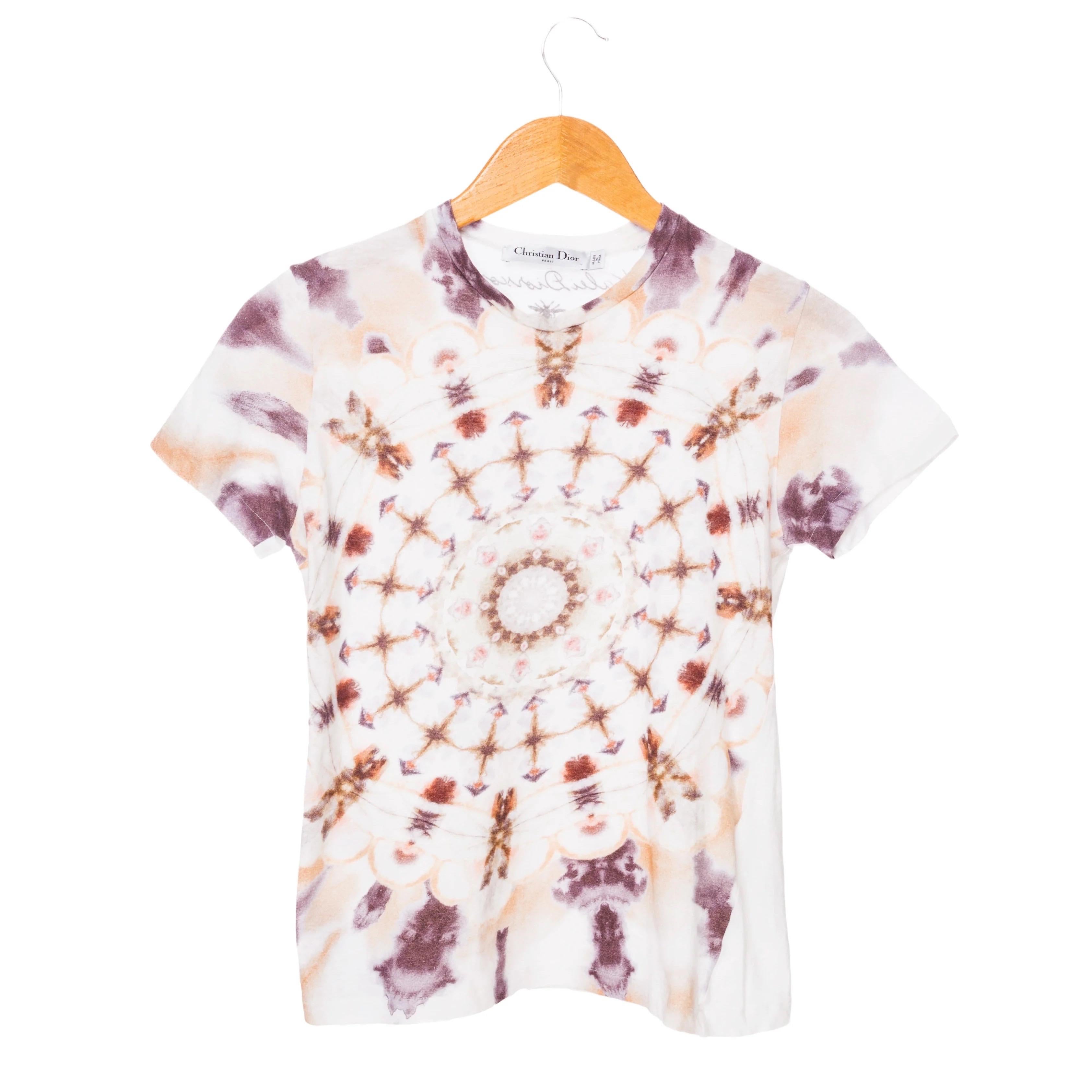 Christian Dior Off White Cotton-Linen Kaleidiorscopic Tie-Dye Print T-Shirt For Sale 5