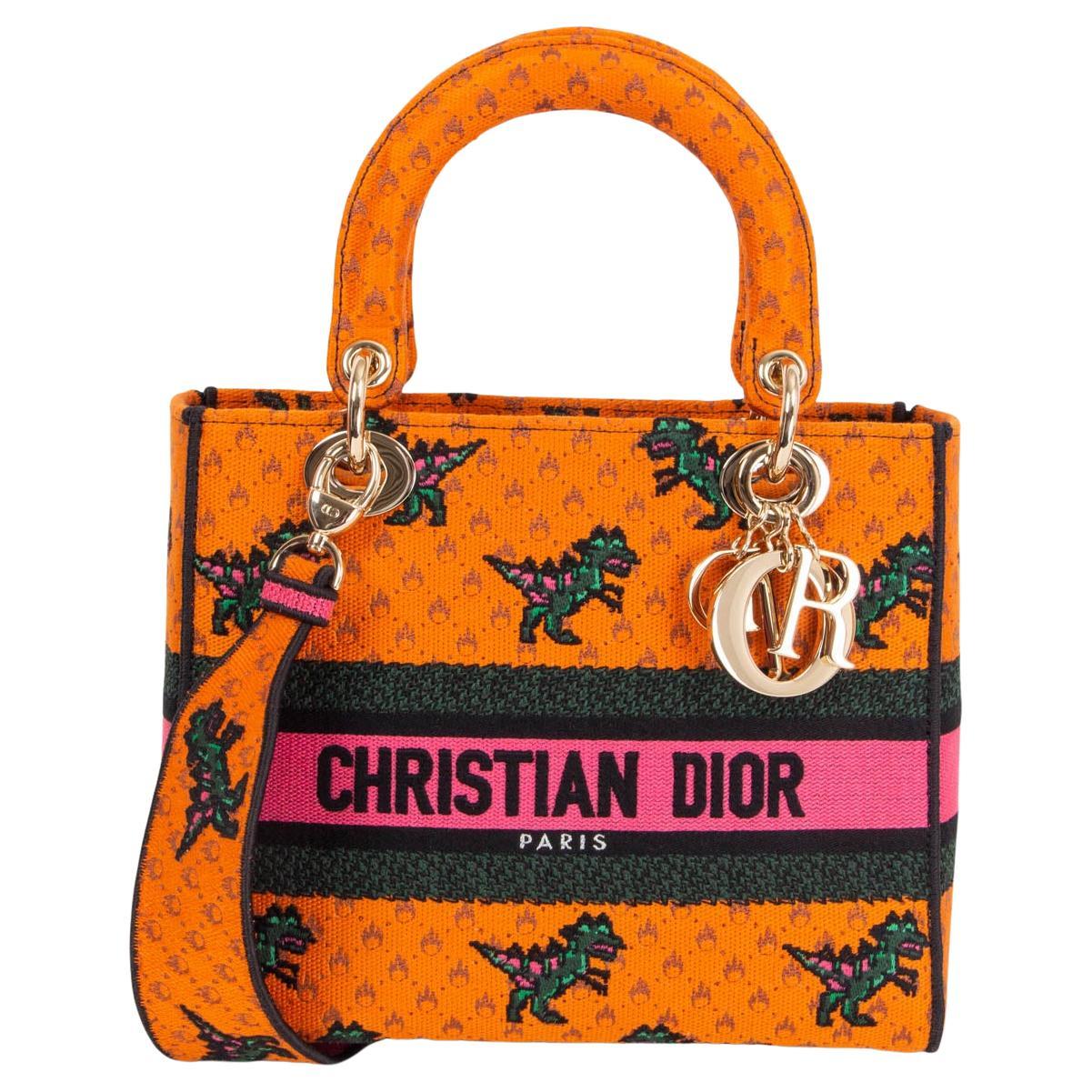 CHRISTIAN DIOR orange 2021 DRAGON EMBROIDERED LADY D-LI MEDIUM TOTE Bag