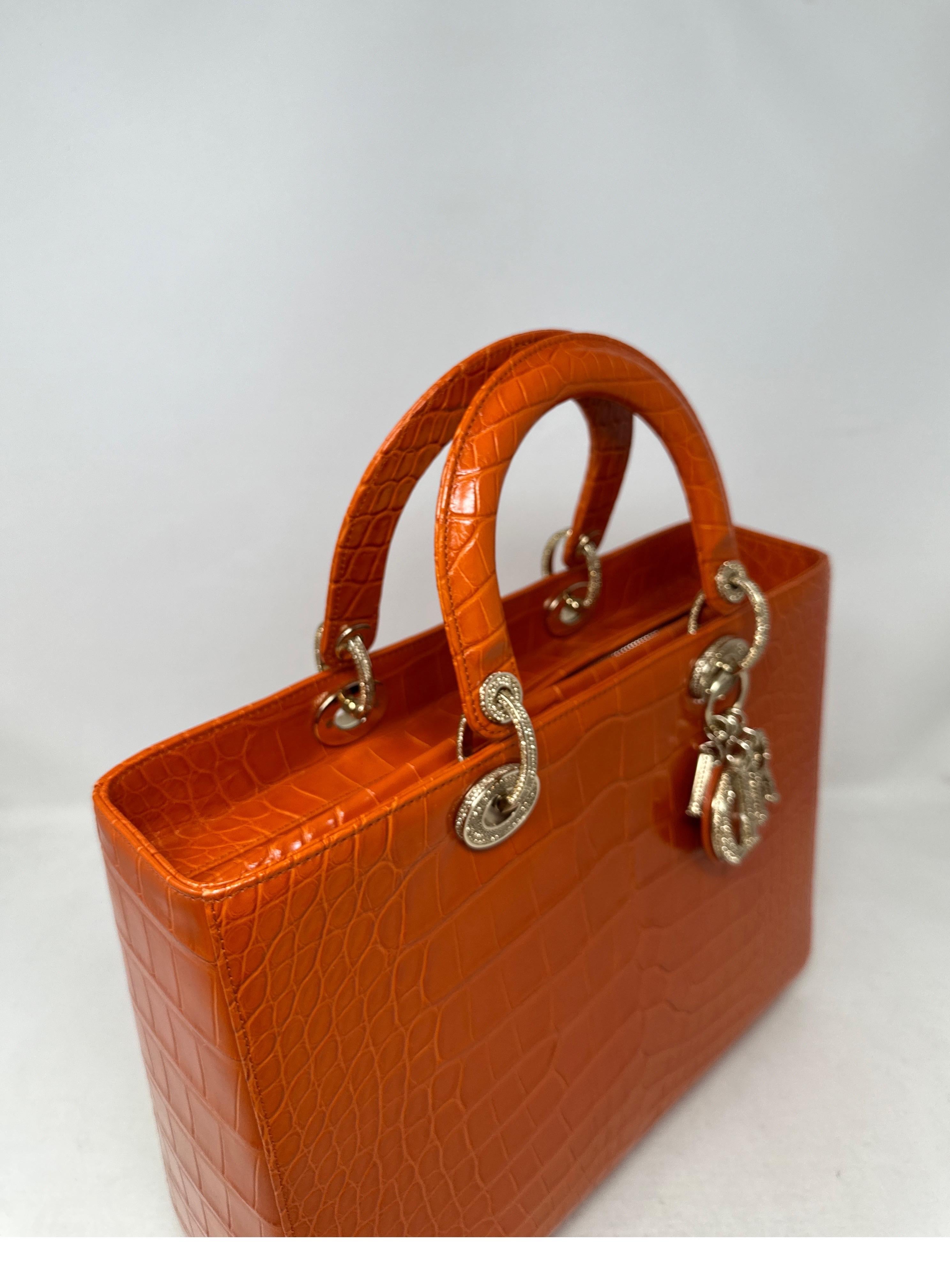 Christian Dior Orange Alligator Lady Dior Large Bag  13