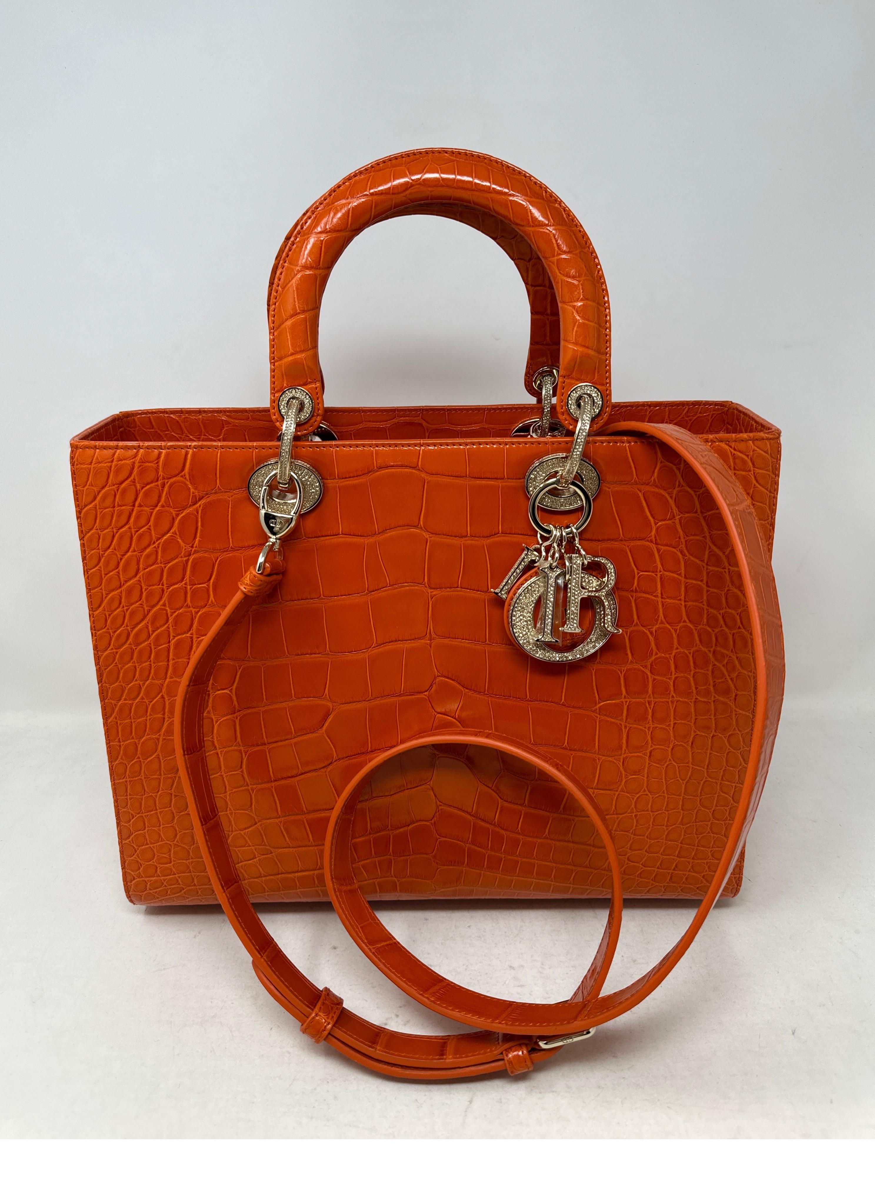 Christian Dior Orange Alligator Lady Dior Large Bag  14