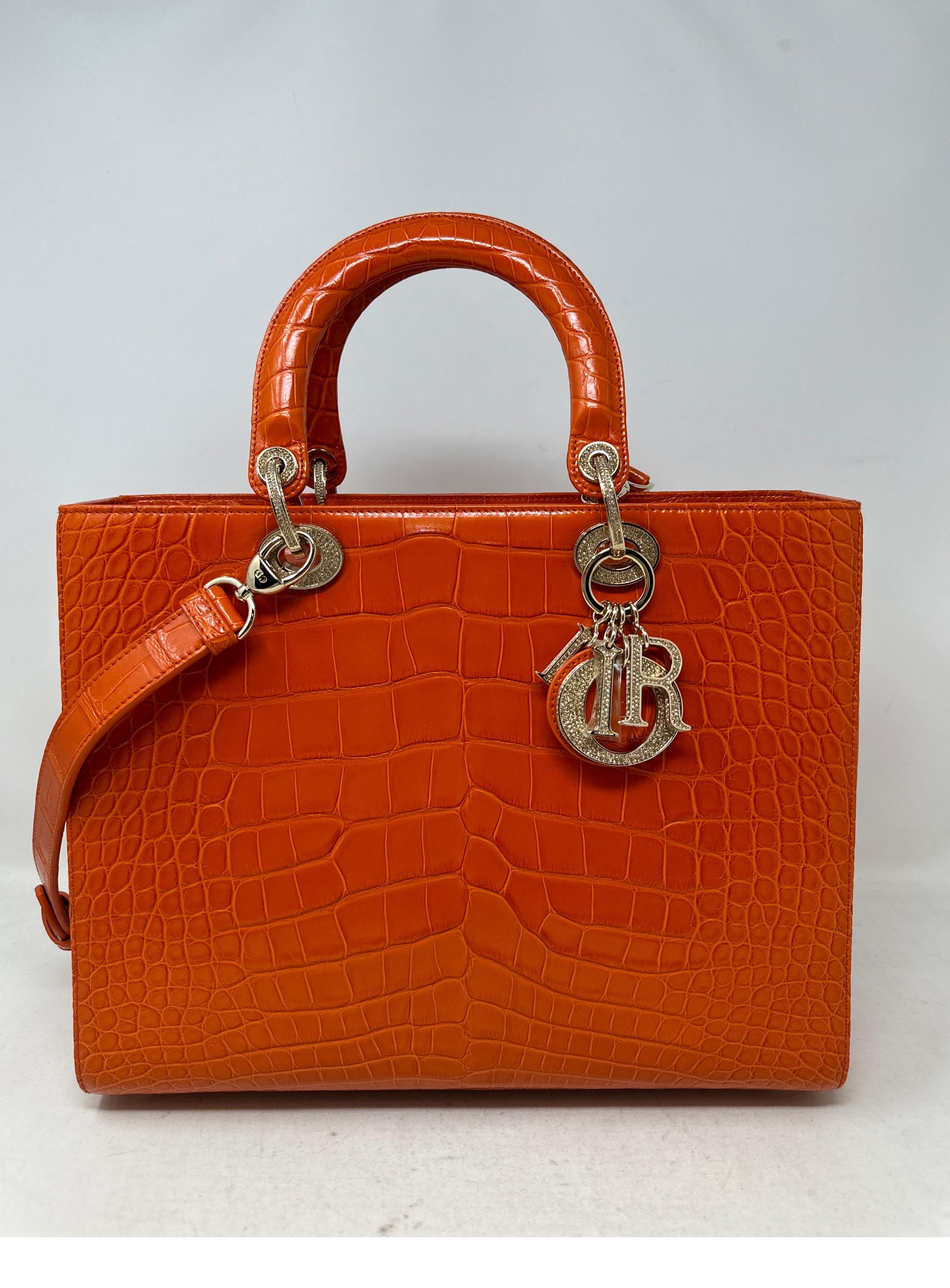 Christian Dior Orange Alligator Lady Dior Large Bag  15