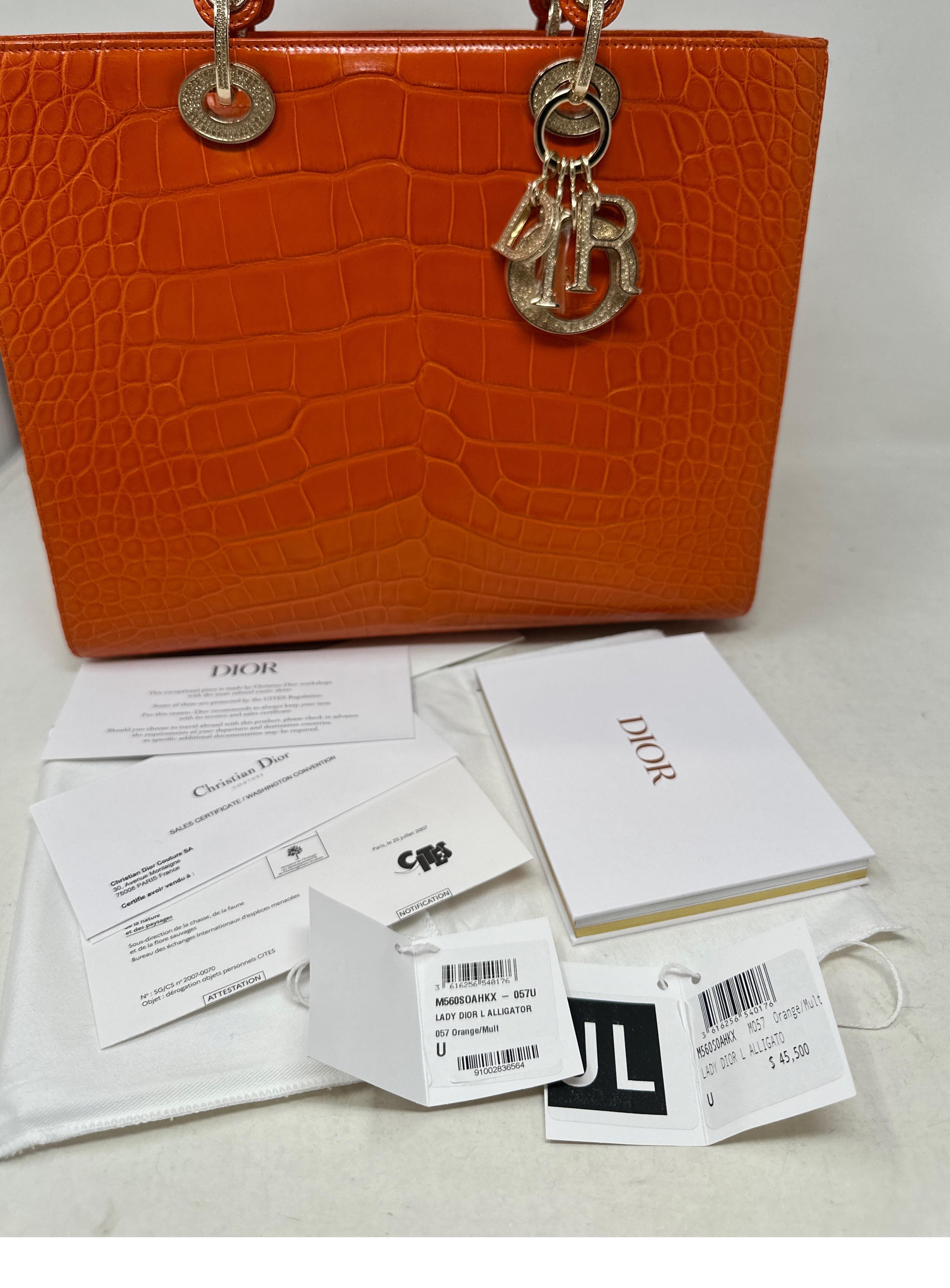 Christian Dior Orange Alligator Lady Dior Large Bag  16