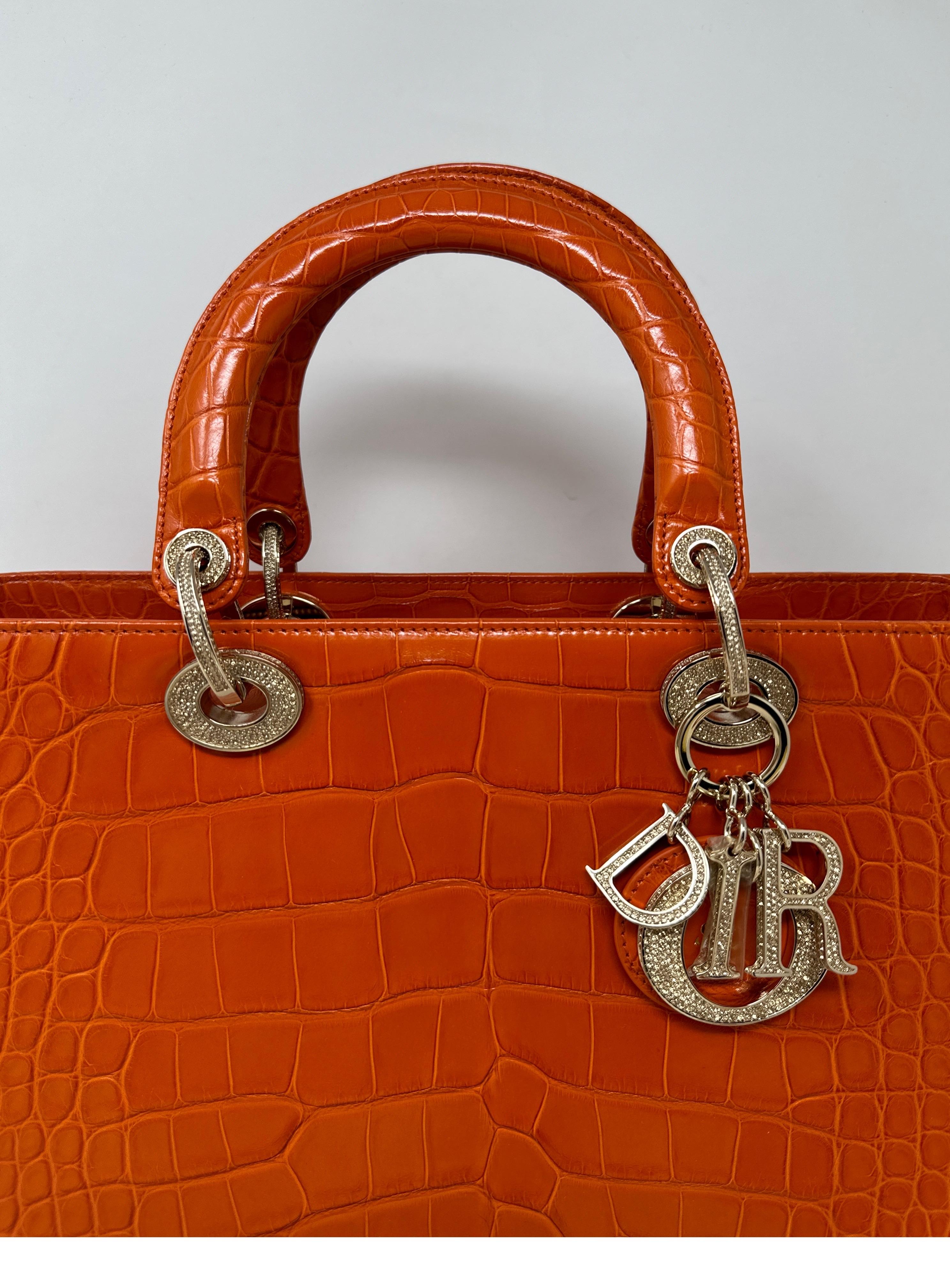 Christian Dior Orange Alligator Lady Dior Large Bag  In New Condition In Athens, GA