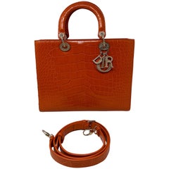 Christian Dior Orange Alligator Lady Dior Large Bag