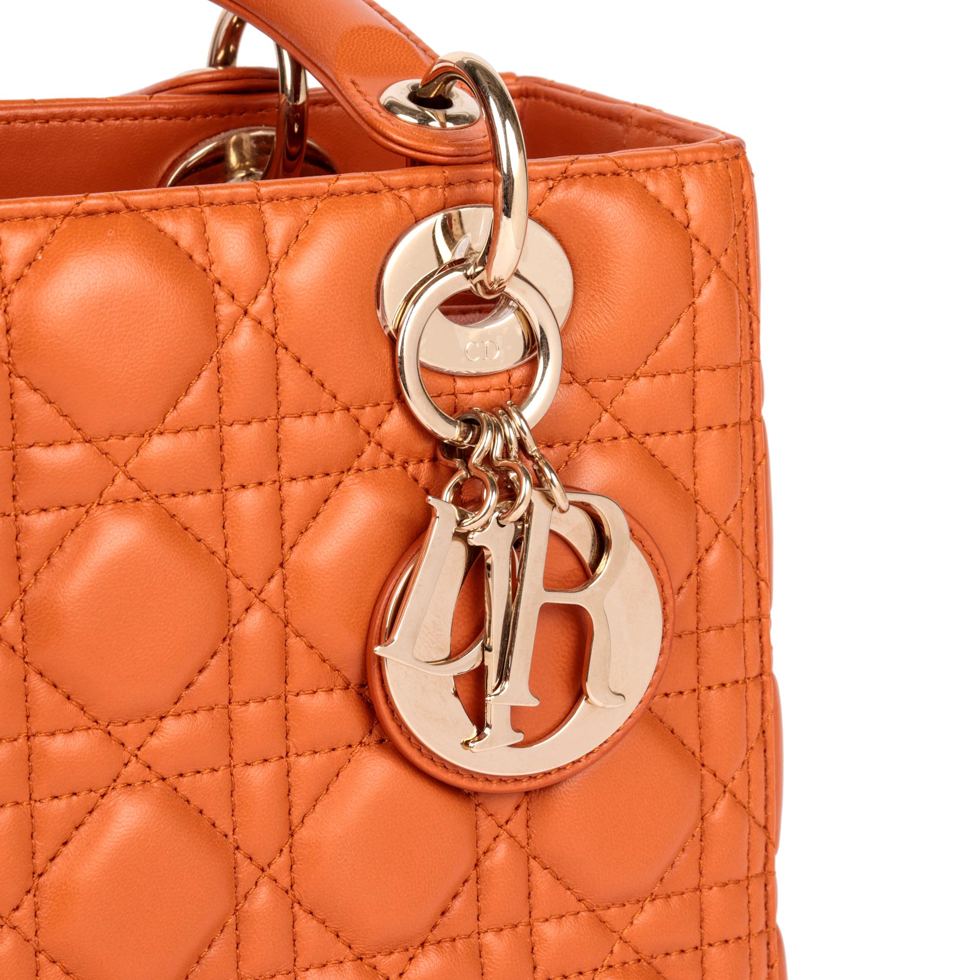 Women's CHRISTIAN DIOR Orange Quilted Lambskin Leather Medium Lady Dior 