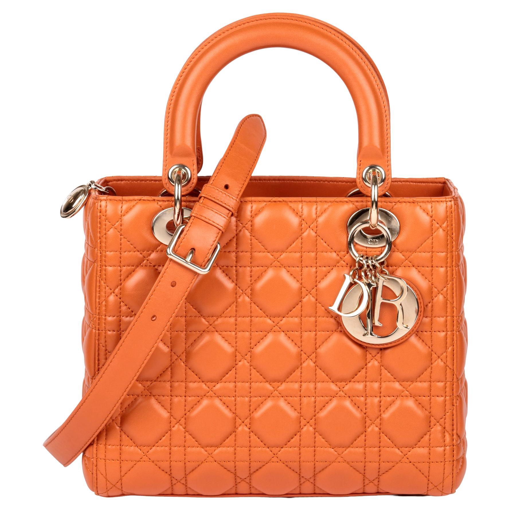 CHRISTIAN DIOR Orange Quilted Lambskin Leather Medium Lady Dior 