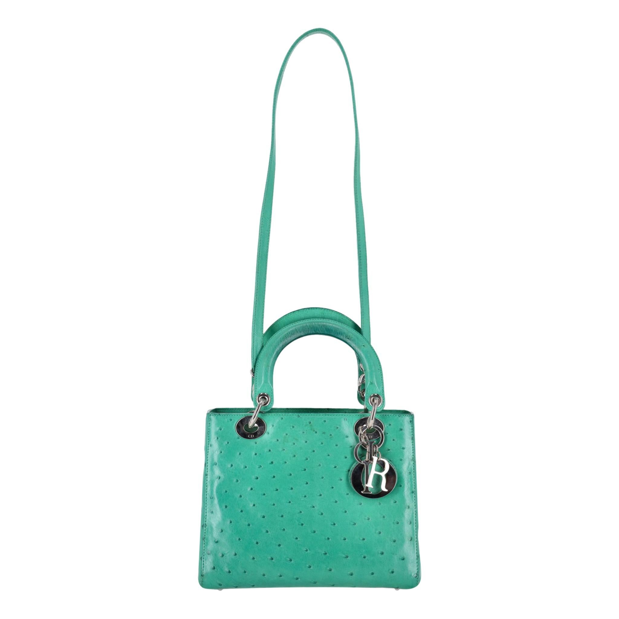 Blue Christian Dior Ostrich Leather Medium Lady Dior Bag For Sale