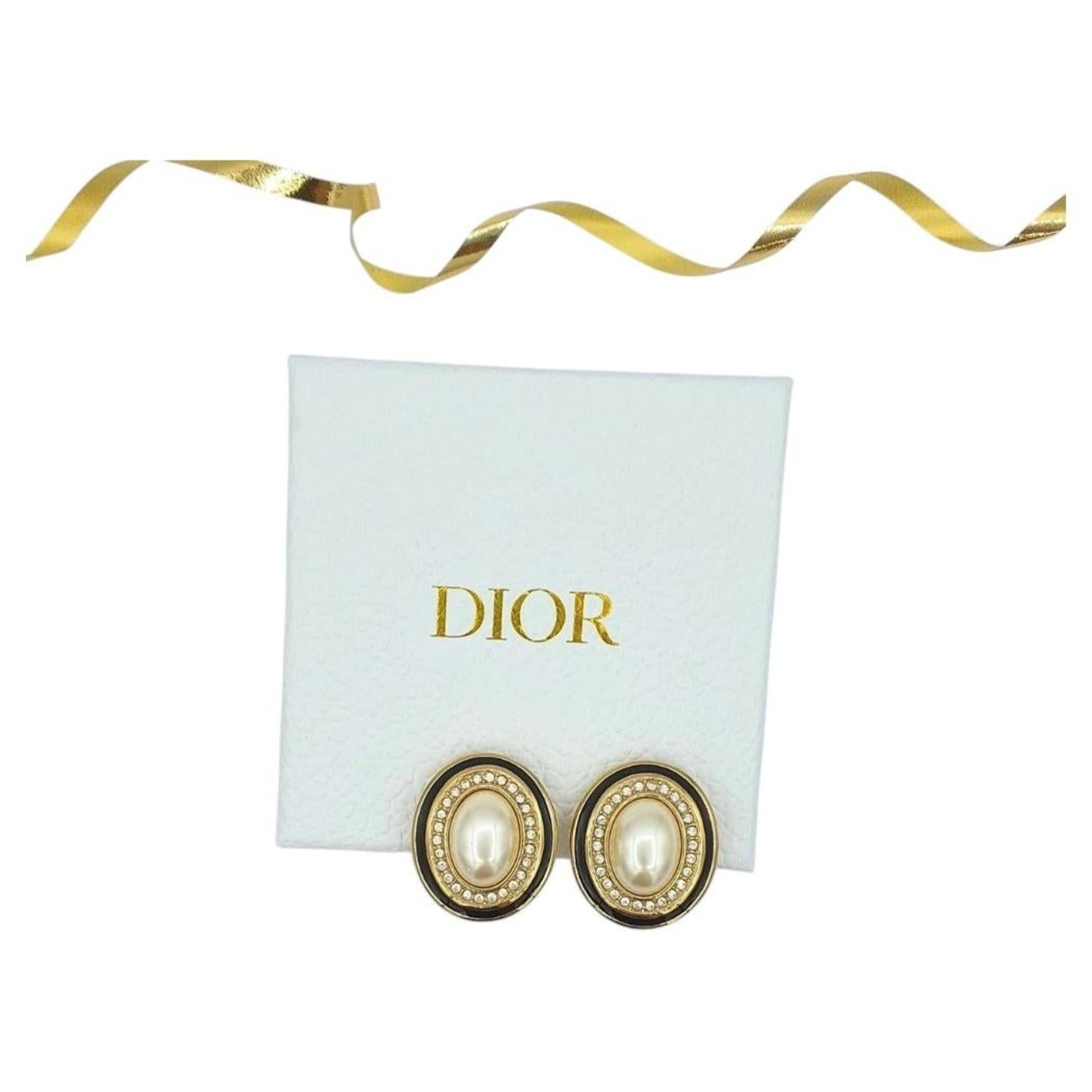 Christian Dior Oval Faux Pearl & Rhinestone Clip-On Earrings – 1980s For Sale