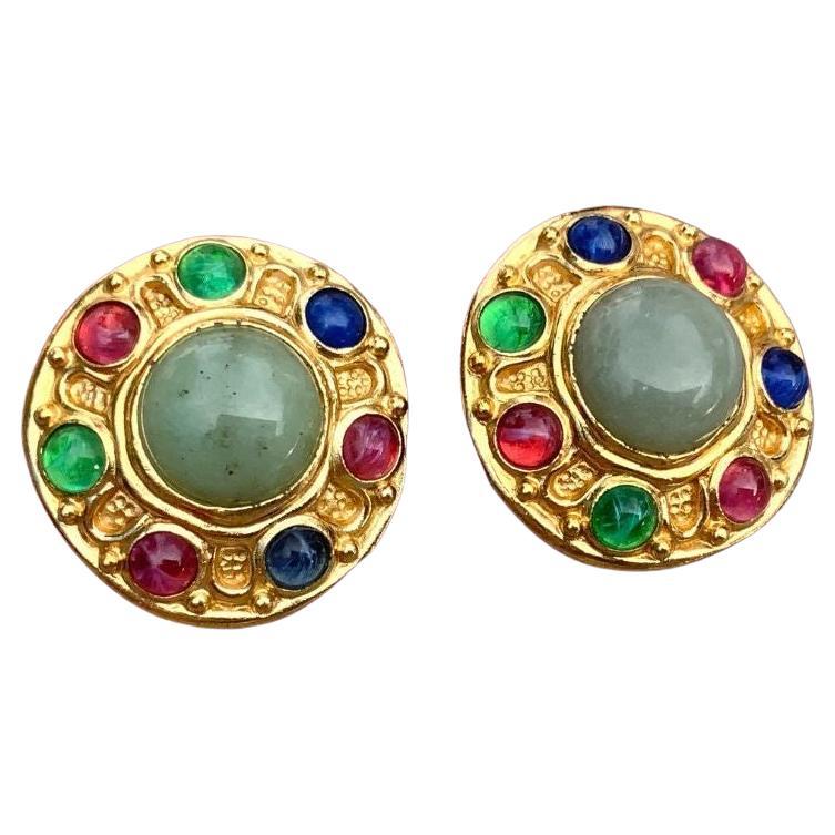 Christian DIOR oversize  jade and Gripoix   cabochons clips on earrings For Sale