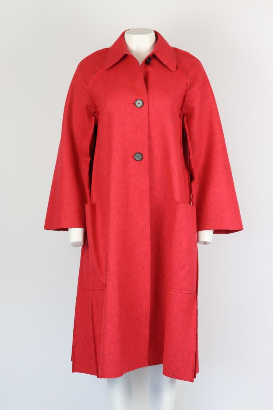 Christian Dior oversized wool coat. Red. Long sleeve, crewneck. Button fastening at front. 100% Wool. Size: FR 34 (UK 6, US 2, IT 38) Shoulder to shoulder: 16 in. Bust: 38 in. Waist: 50 in. Hips: 60 in. Length: 45 in. Very good condition - No sign
