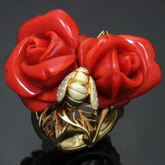 Christian Dior Oxblood Coral Diamond Yellow Rose Bee Gold Ring